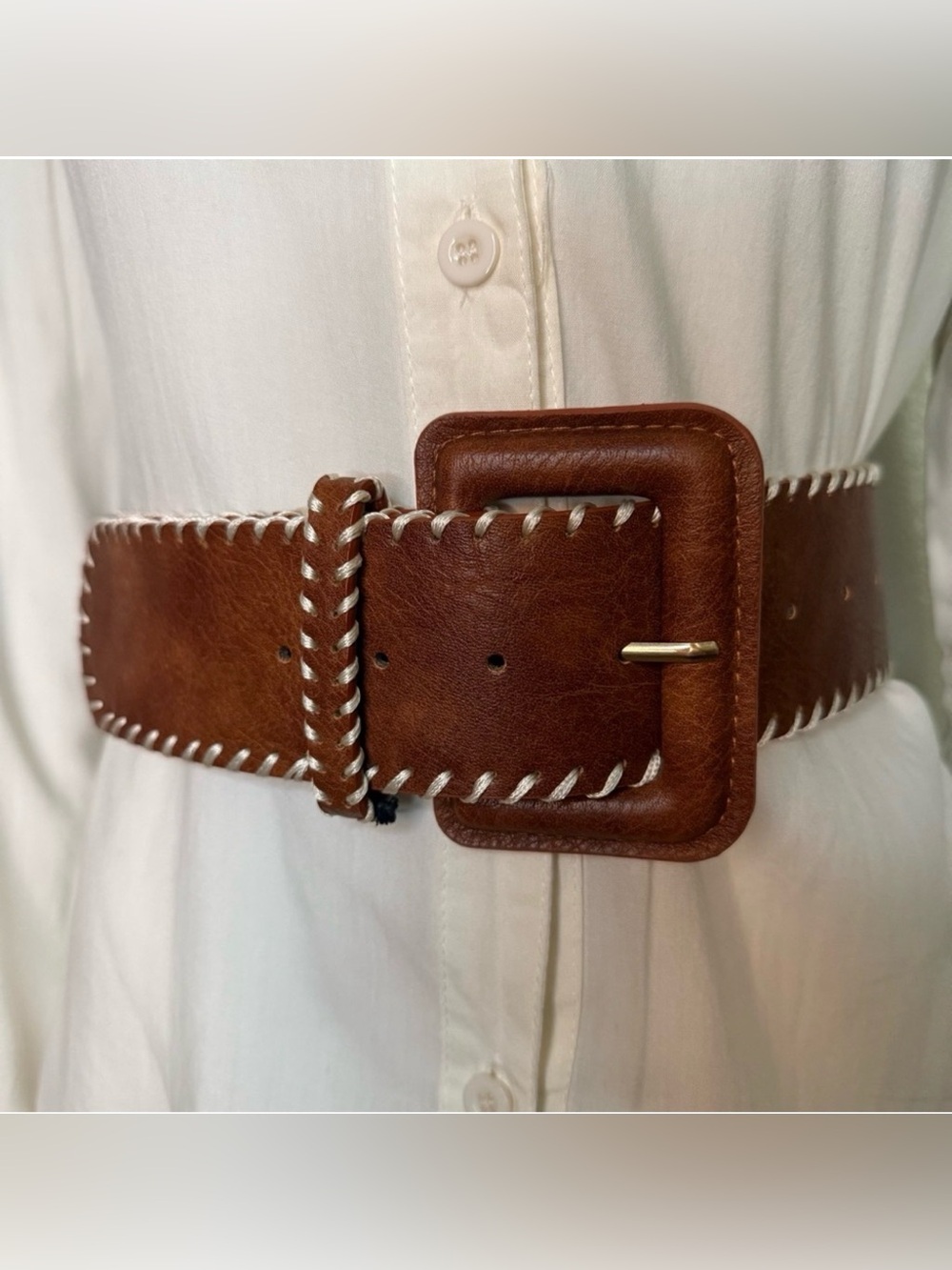 Brown PU distressed leather whip stitch trim rectangle buckle belt